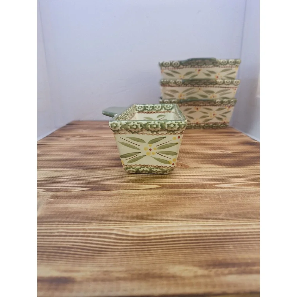 Temptations by Tara Old World Green Set 4‎ Rectangle Ramekins 15 oz 6.5x3x2.5